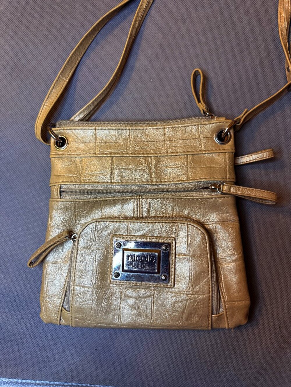 Nicole by Nicole Miller Metallic Champagne Faux Croc Crossbody Bag